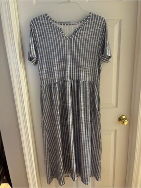 Blue and White Striped V-Neck Midi Dress